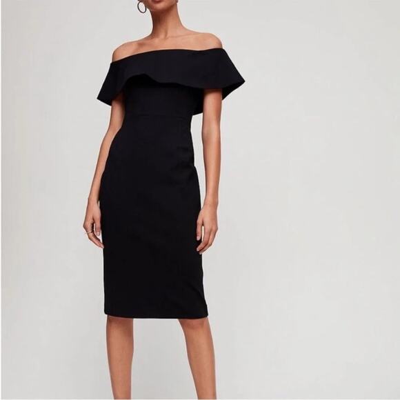 Aritzia Babaton Ruslan Off the Shoulder Bodycon Black Midi Dress Sz 00 - Picture 1 of 11